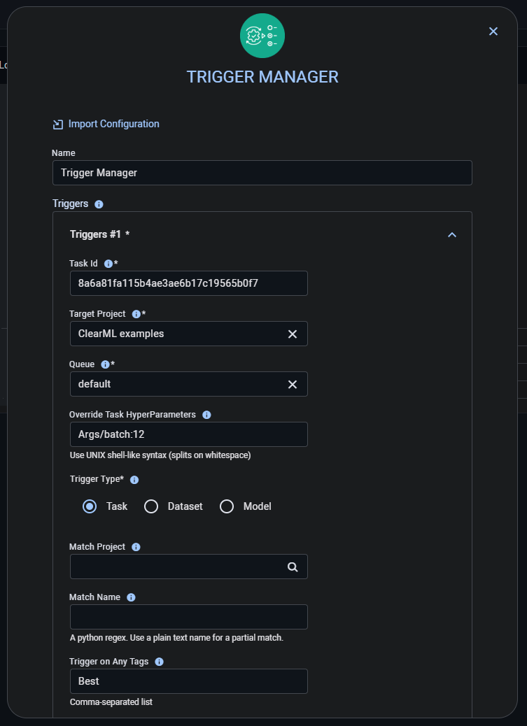 Trigger manager instance launch form