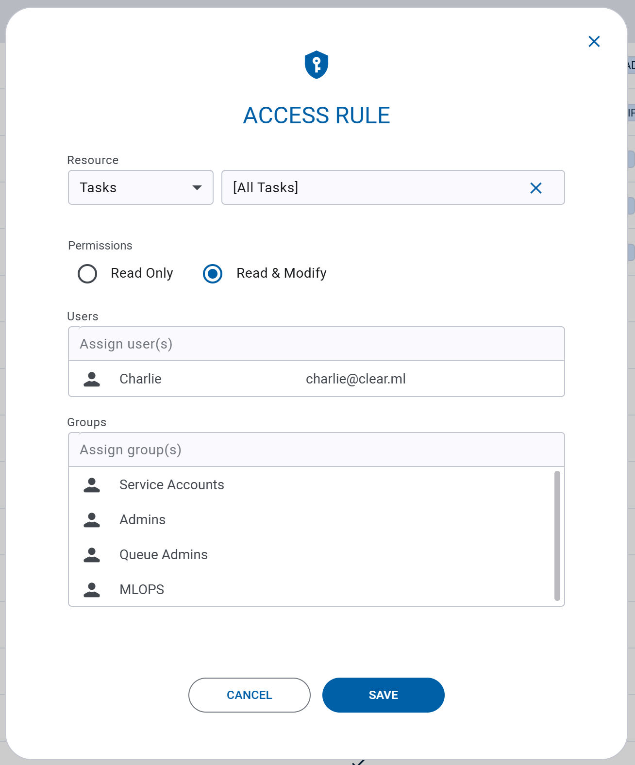 Access rule creation dialog