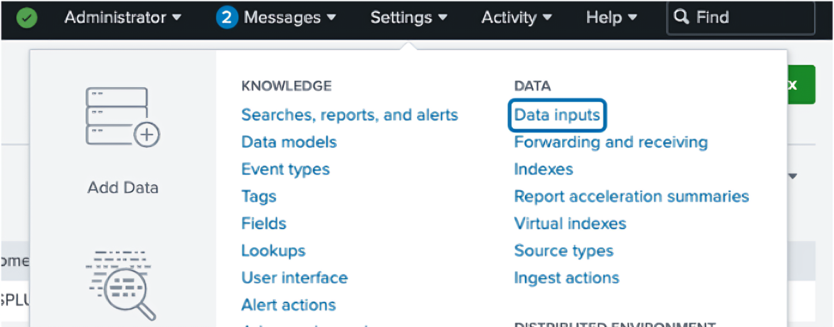 Splunk Settings menu