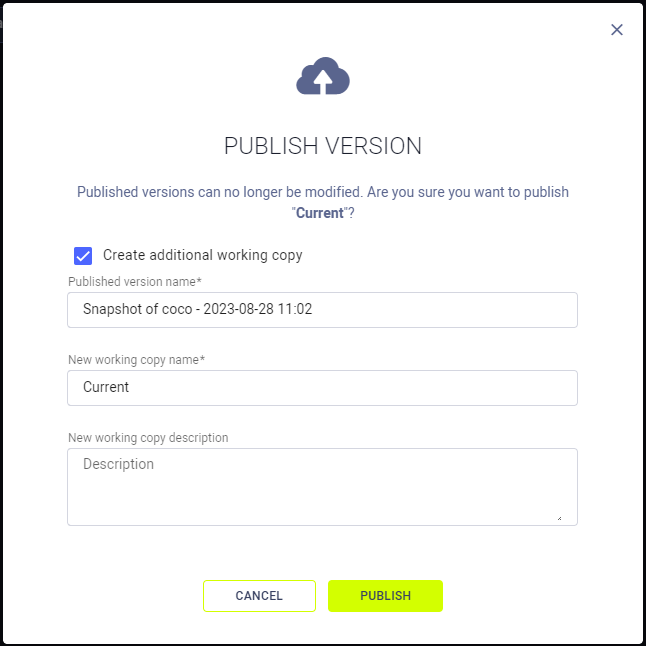 Publish version modal