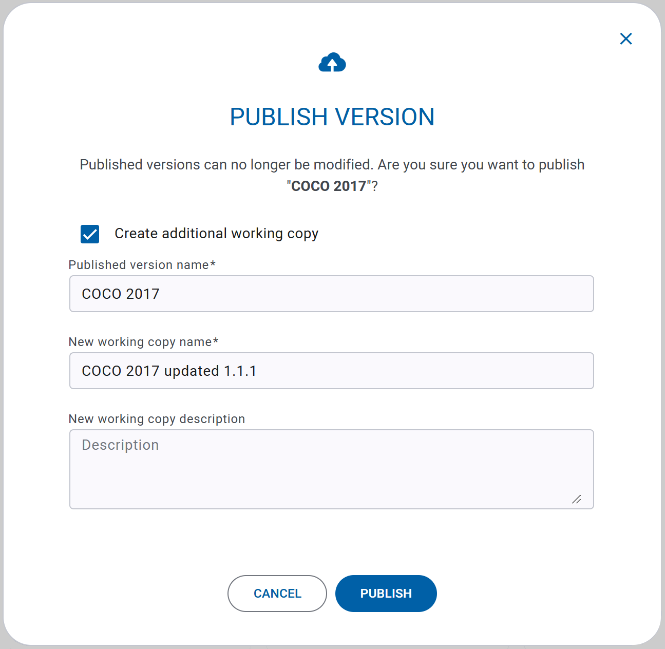 Publish version modal