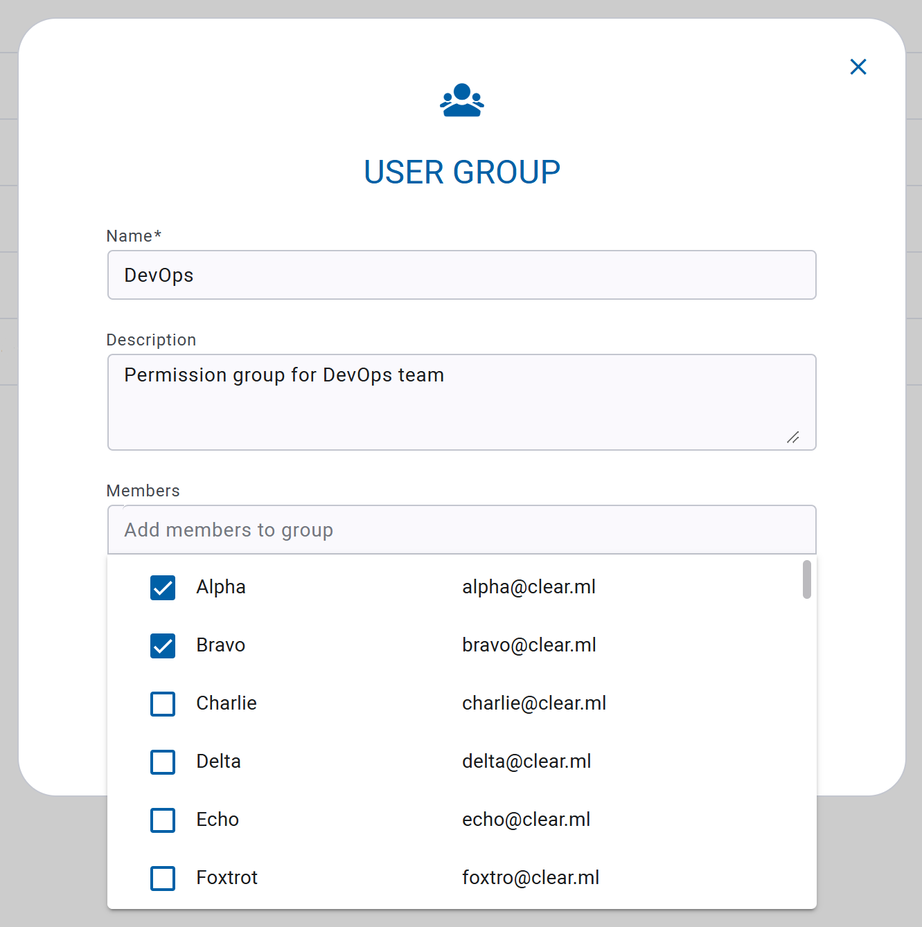 User group creation dialog