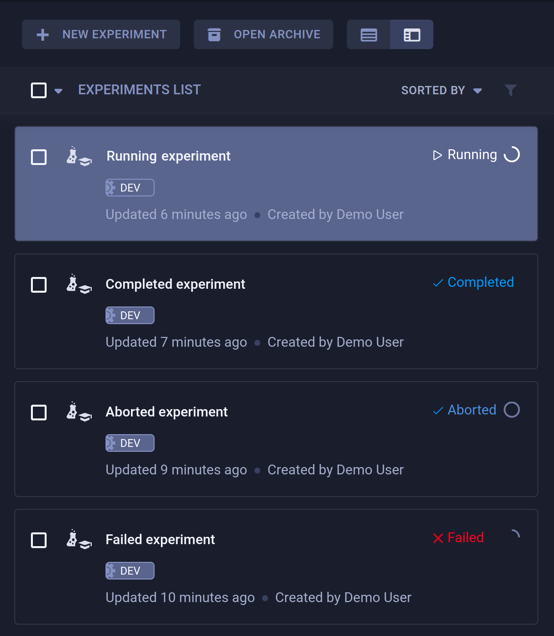 Experiment table progress indication