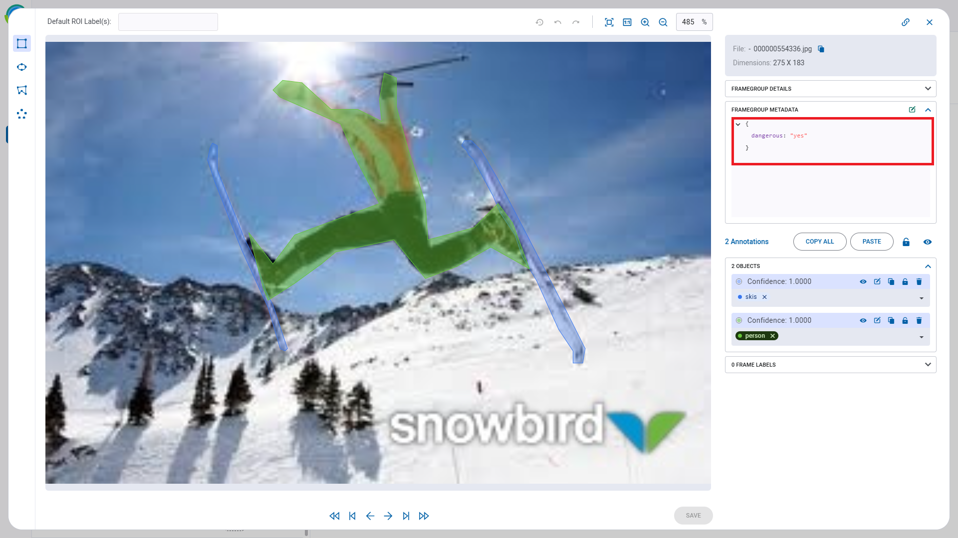 Frame metadata in frame viewer