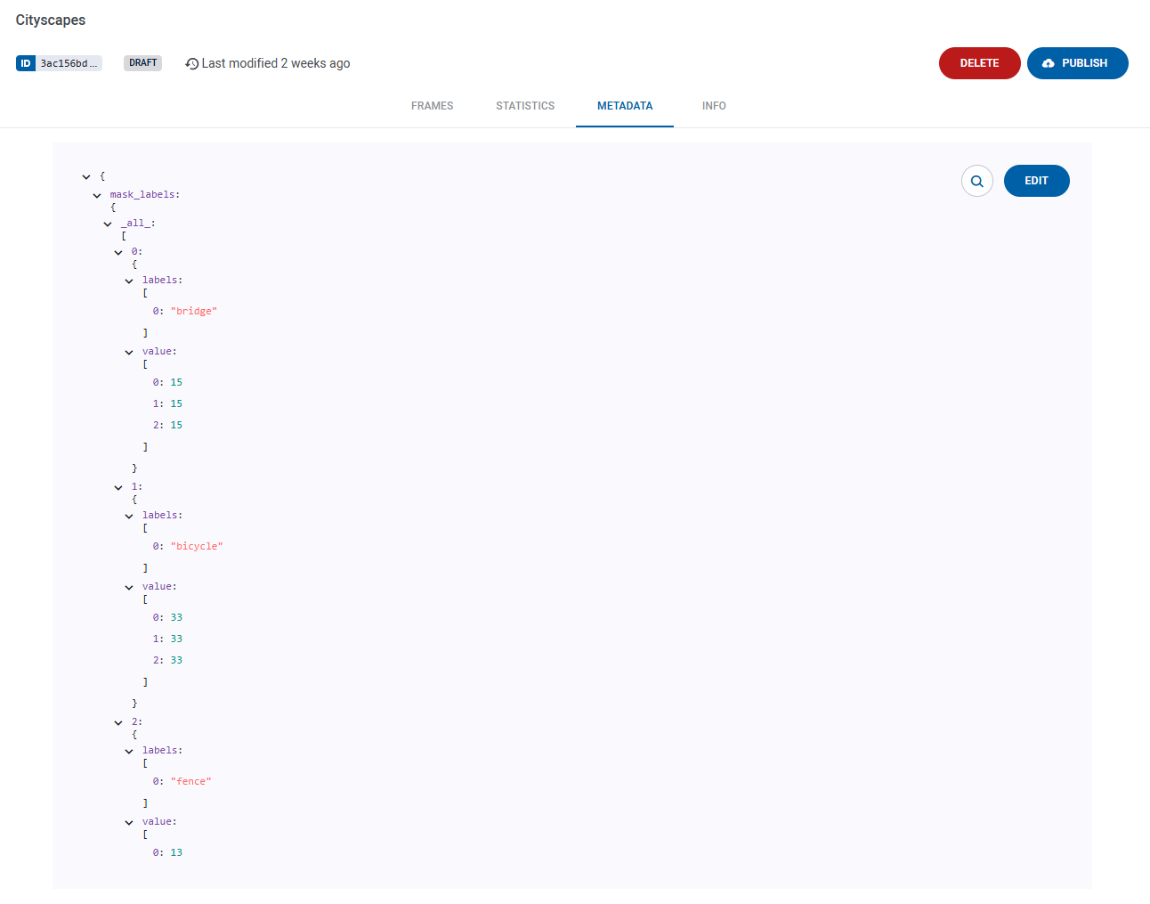 Dataset metadata panel