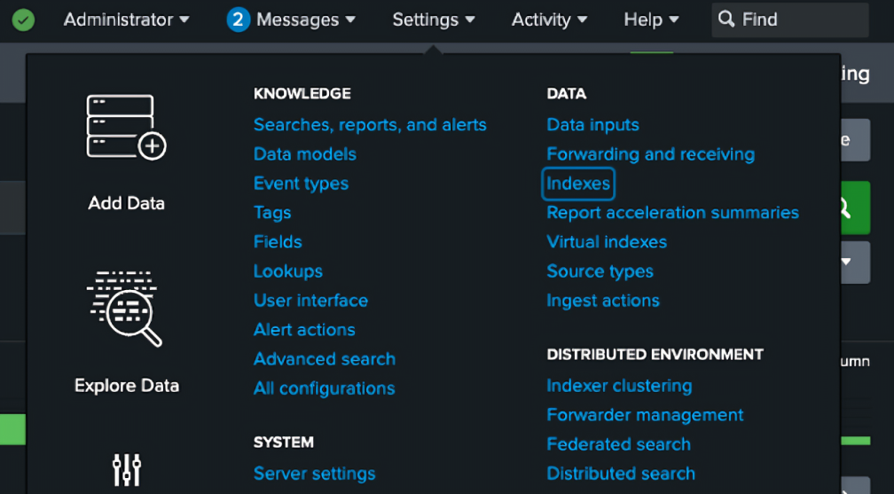 Splunk Settings menu