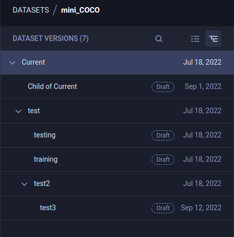 Versions tree view