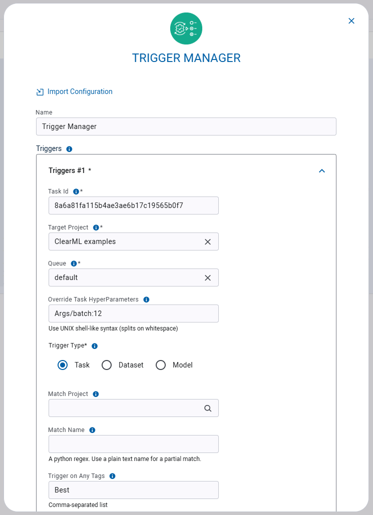 Trigger manager instance launch form