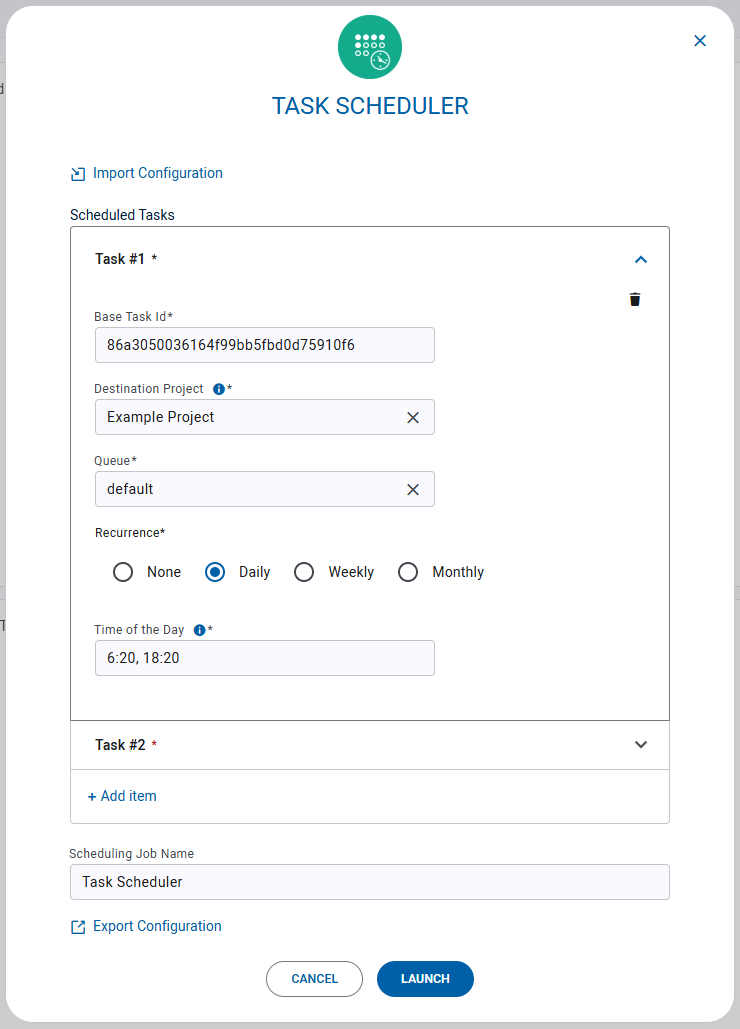 TaskScheduler instance launch form