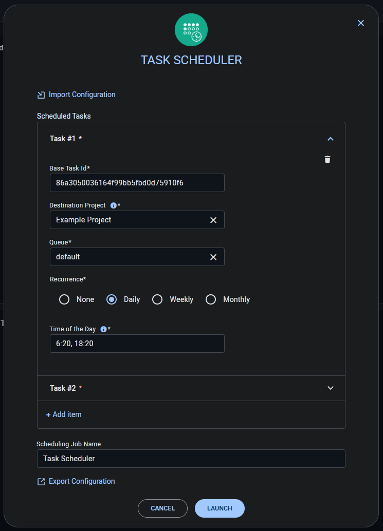 TaskScheduler instance launch form