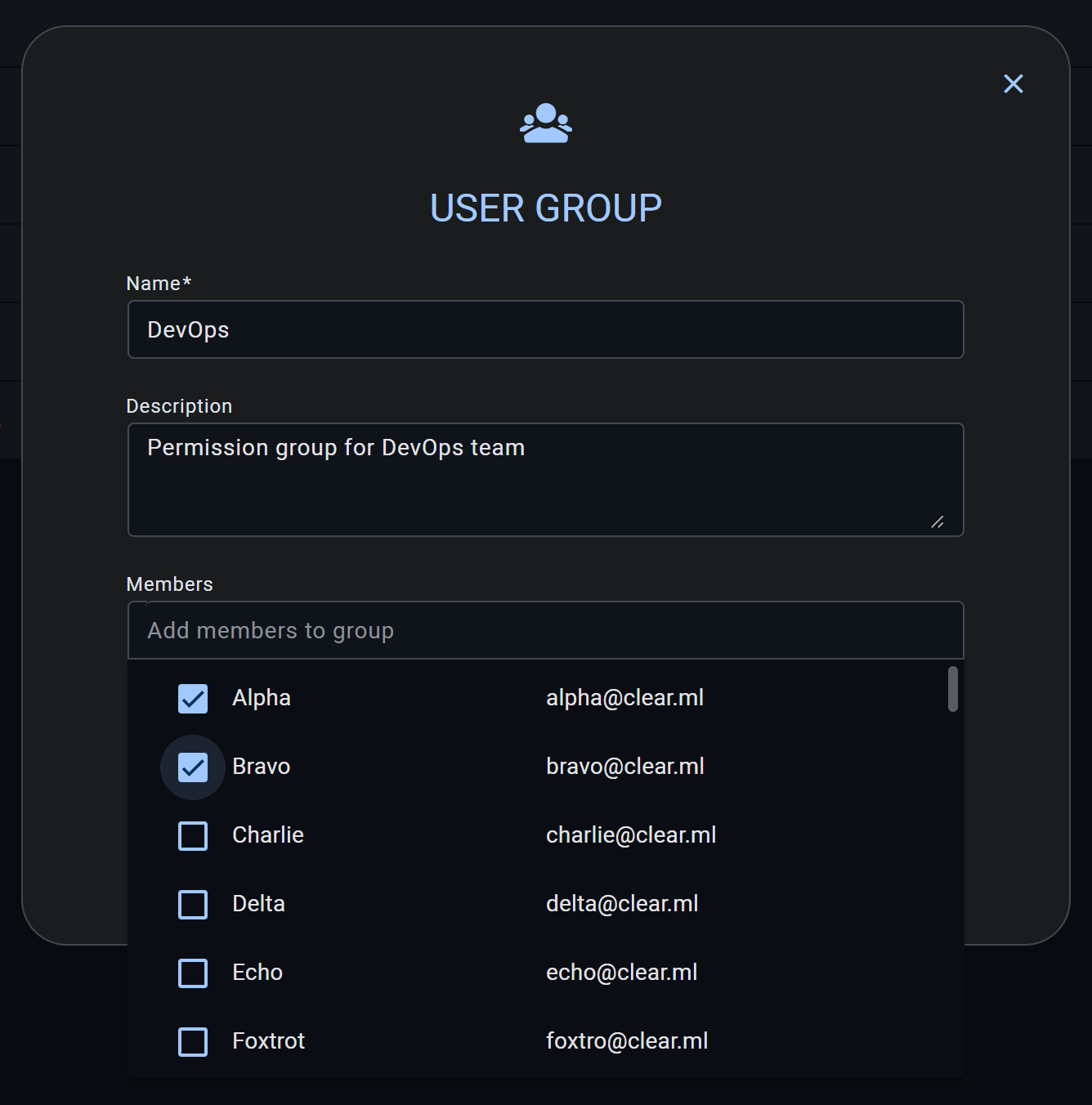 User group creation dialog