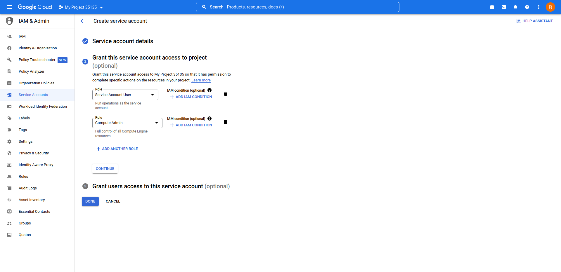 GCP service account roles