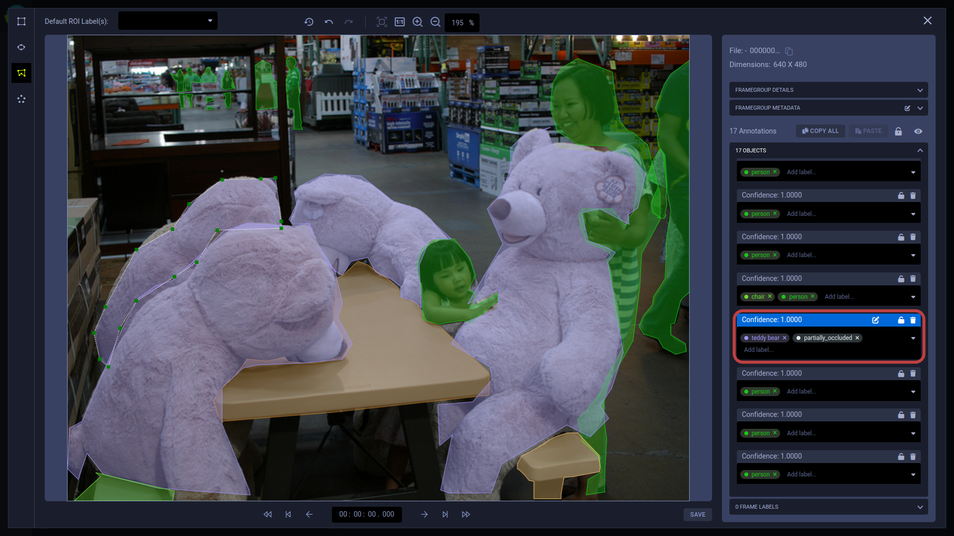 Labeled ROIs in frame viewer