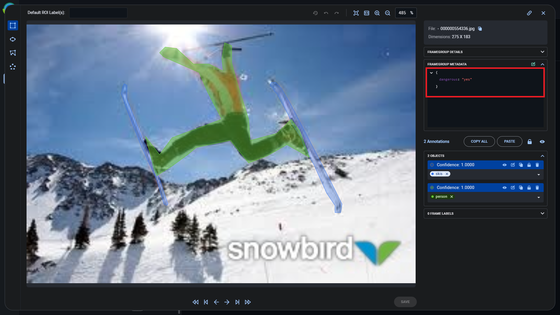 Frame metadata in frame viewer