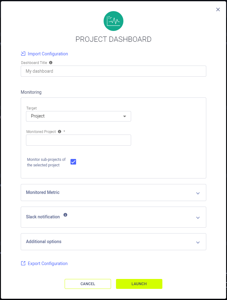 Dashboard app instance launch form