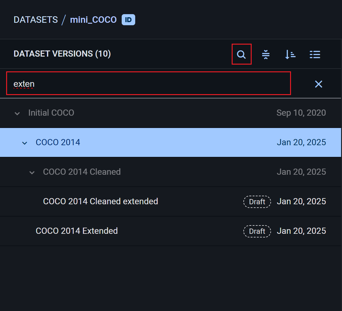 Dataset version search