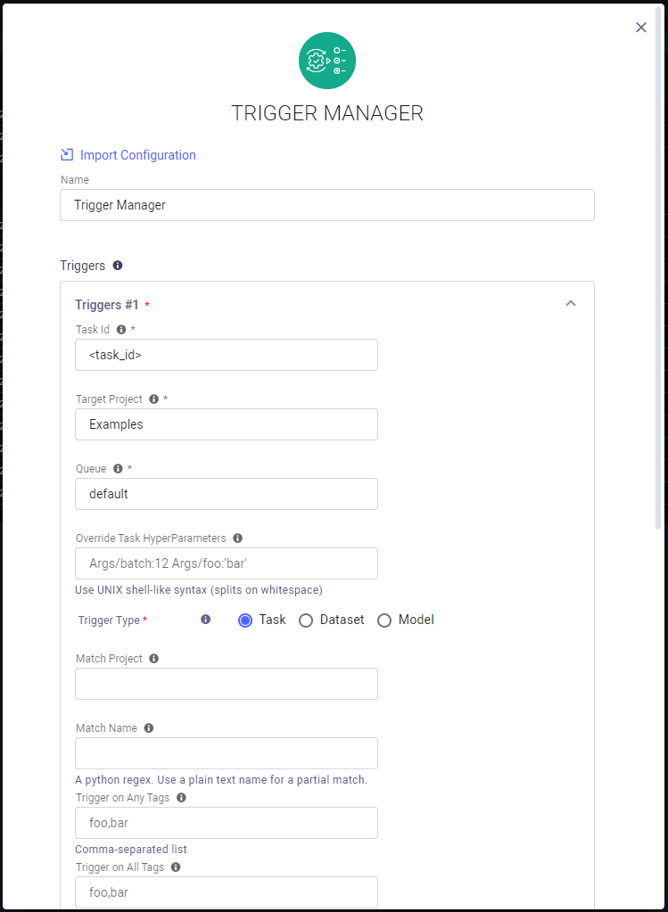 Trigger manager instance launch form