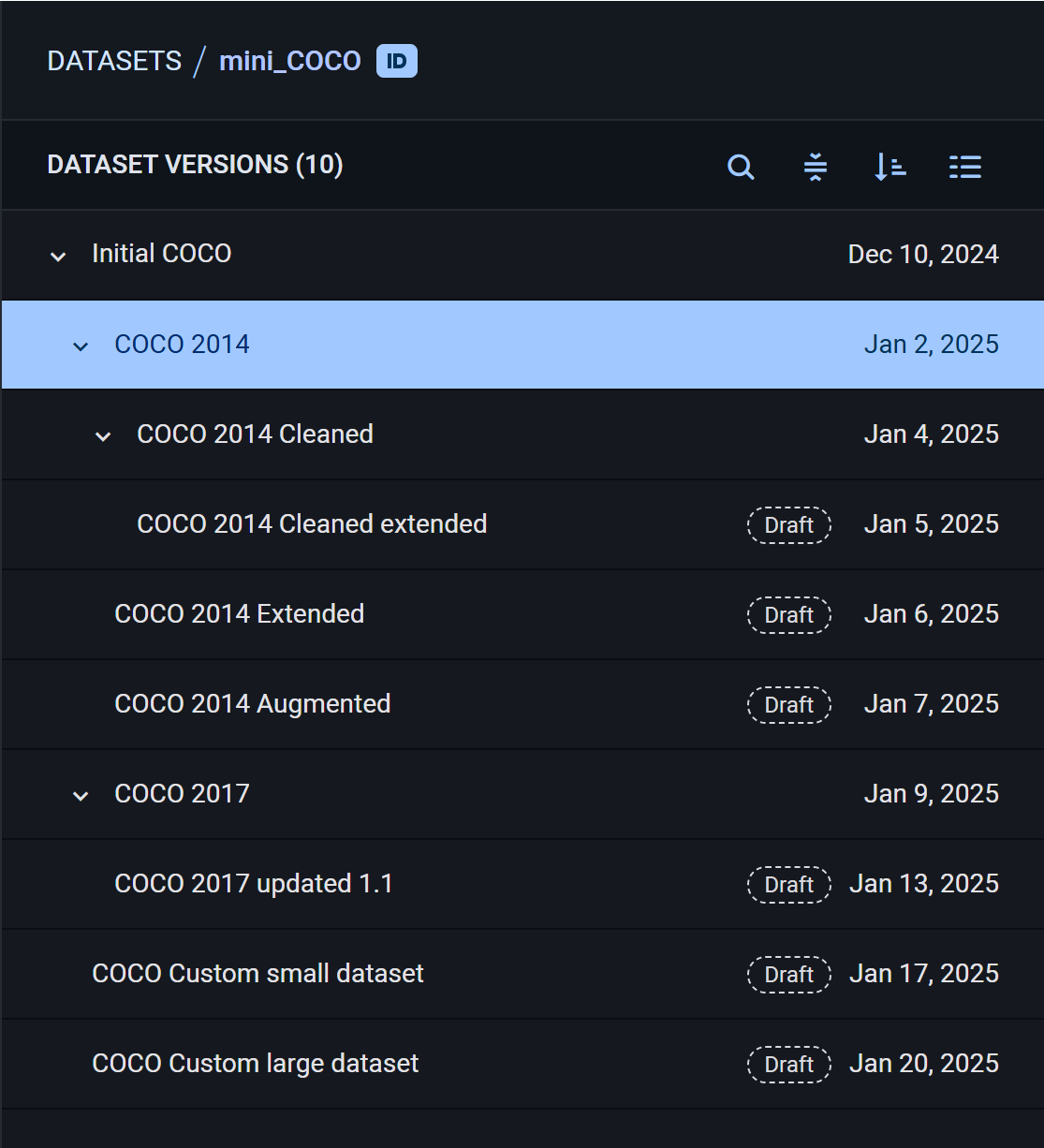 Versions tree view