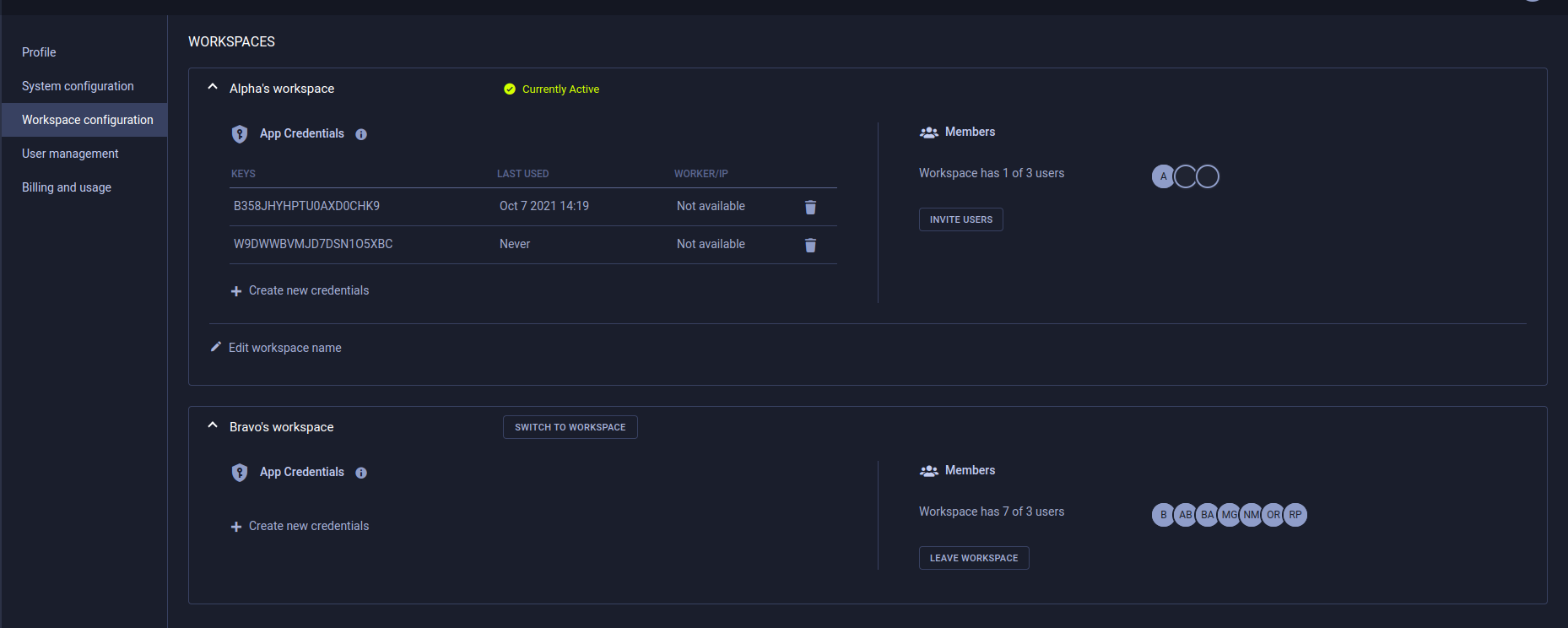 Workspace configuration page