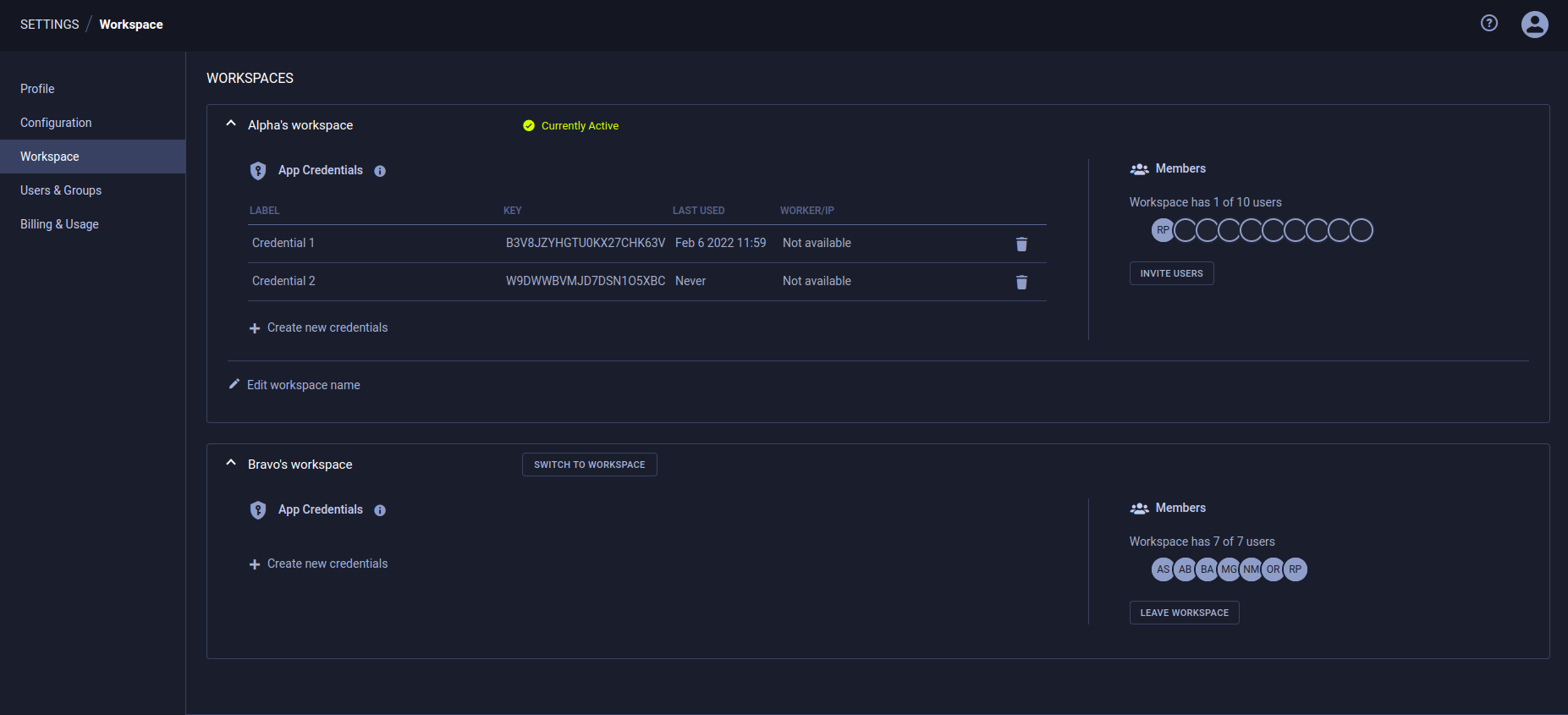 Workspace configuration page