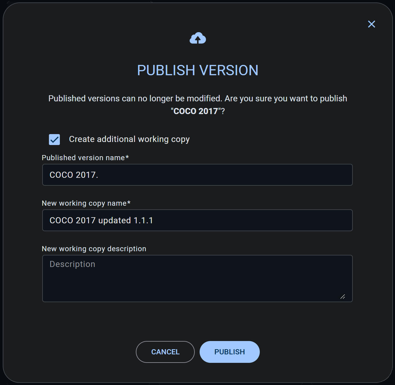 Publish version modal