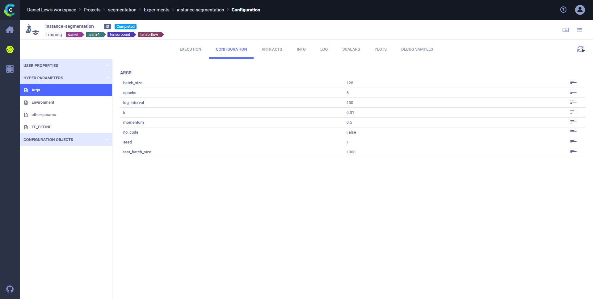 Command line arguments configuration section