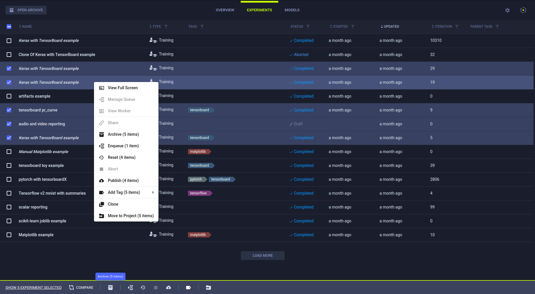 Experiment table batch operations