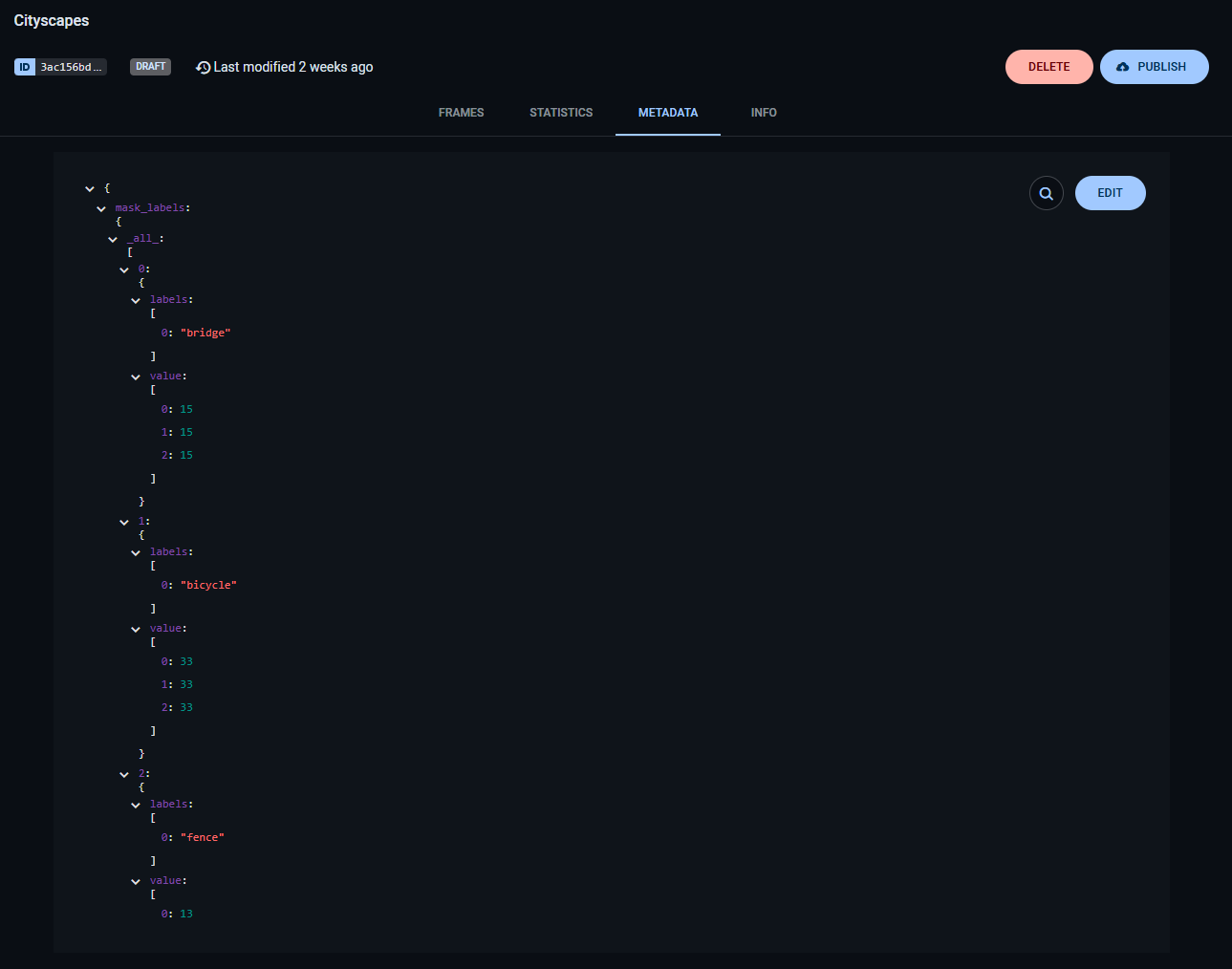 Dataset metadata panel