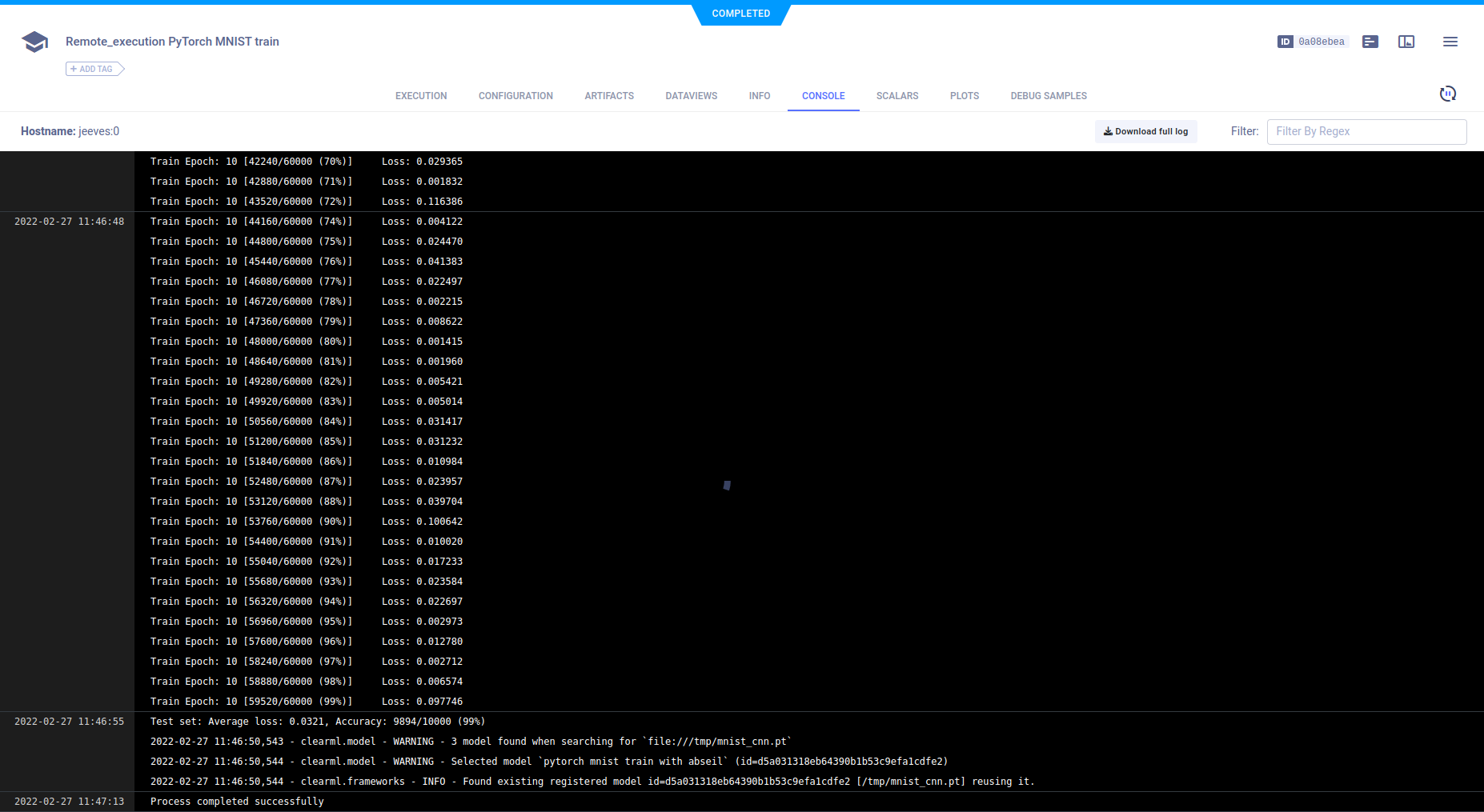 Experiment console log