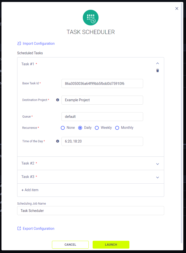 TaskScheduler instance launch form