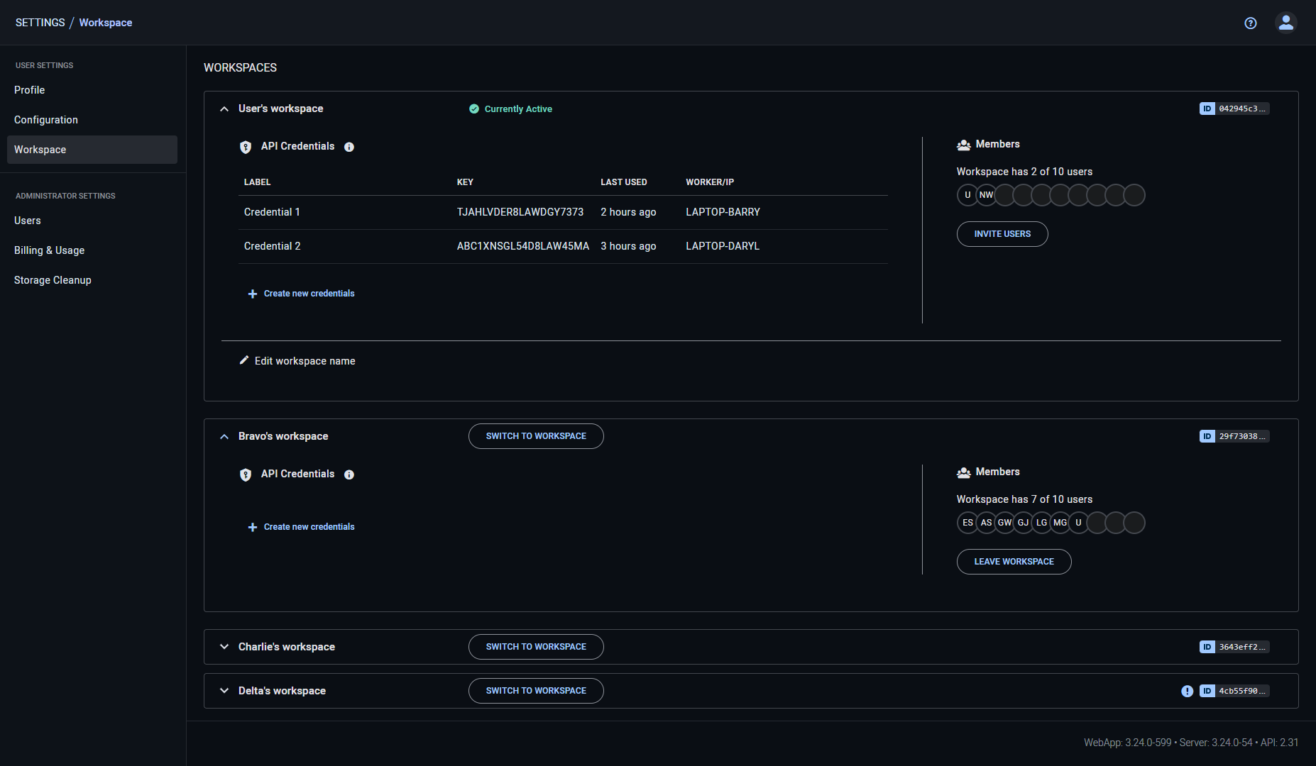 Workspace configuration page