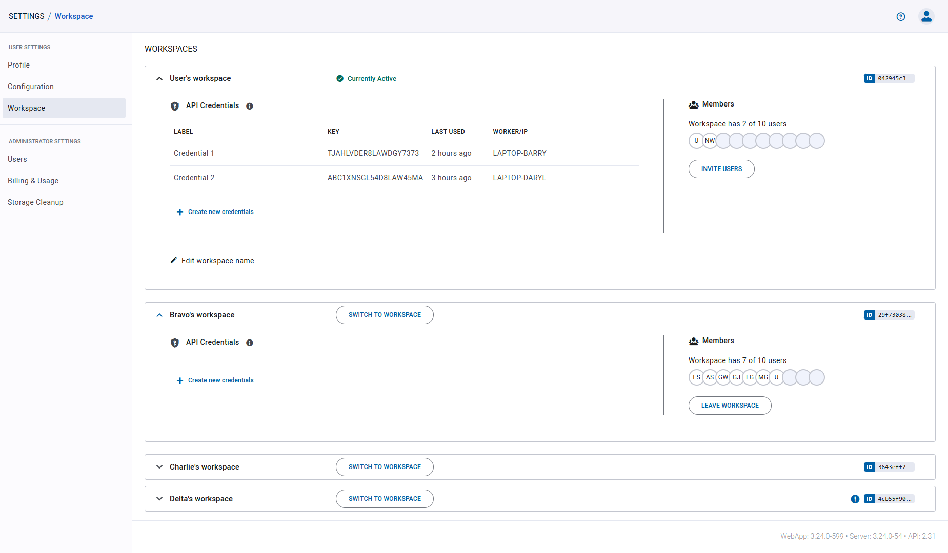 Workspace configuration page