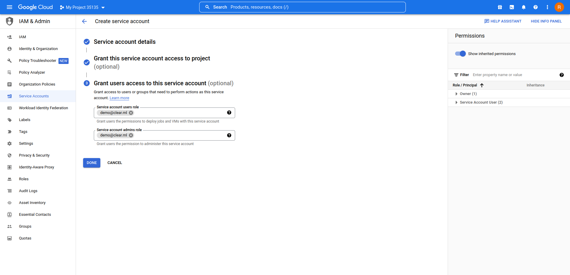 GCP service account creation completion