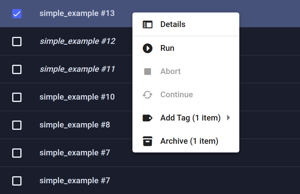 pipeline run context menu