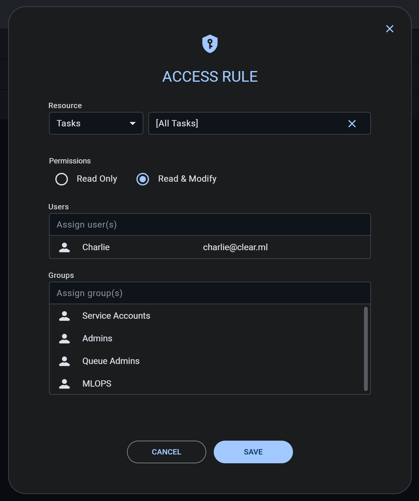 Access rule creation dialog