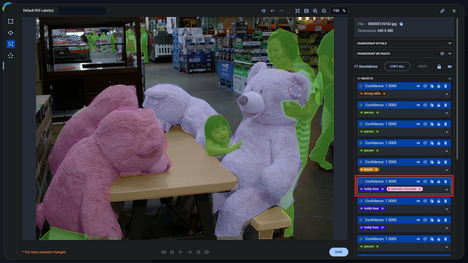 Labeled ROIs in frame viewer