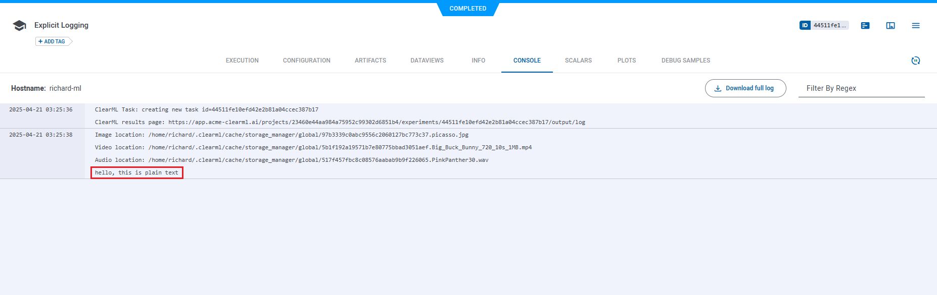 Text report to console