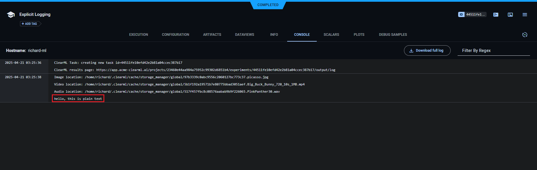 Text report to console