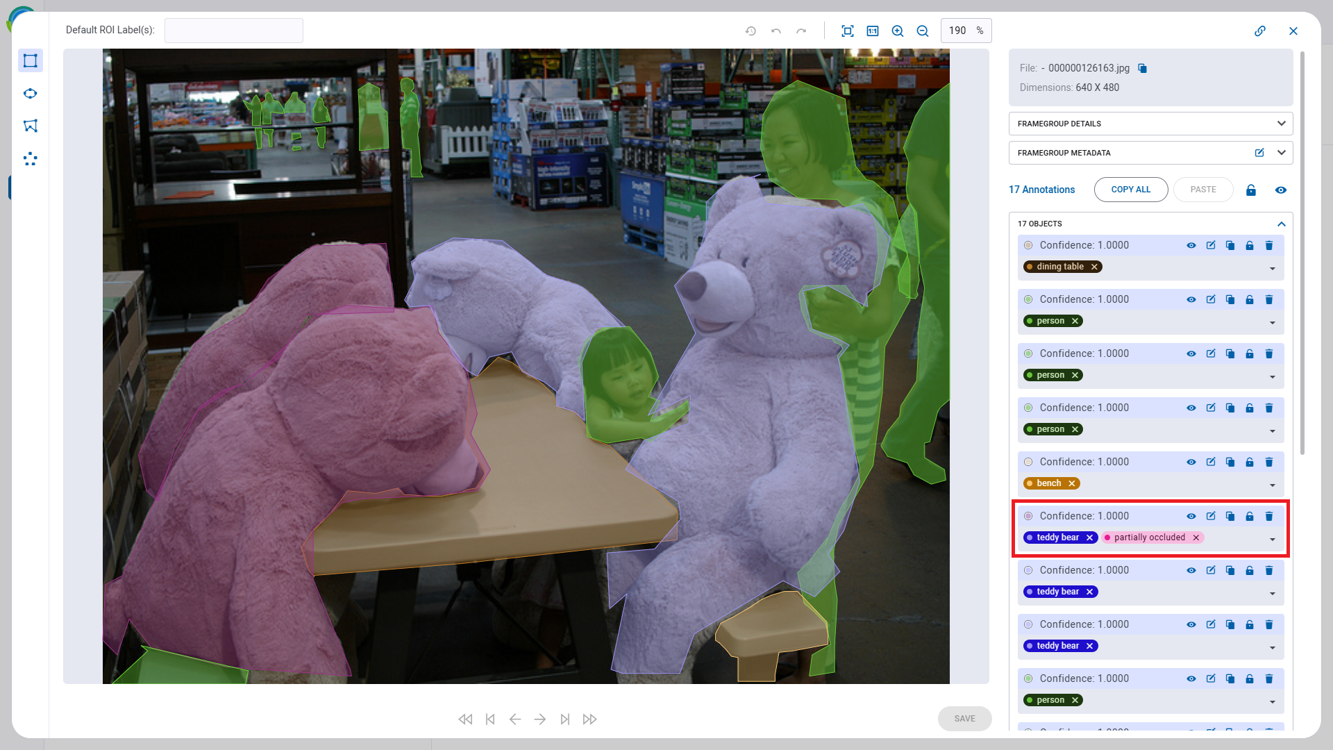 Labeled ROIs in frame viewer