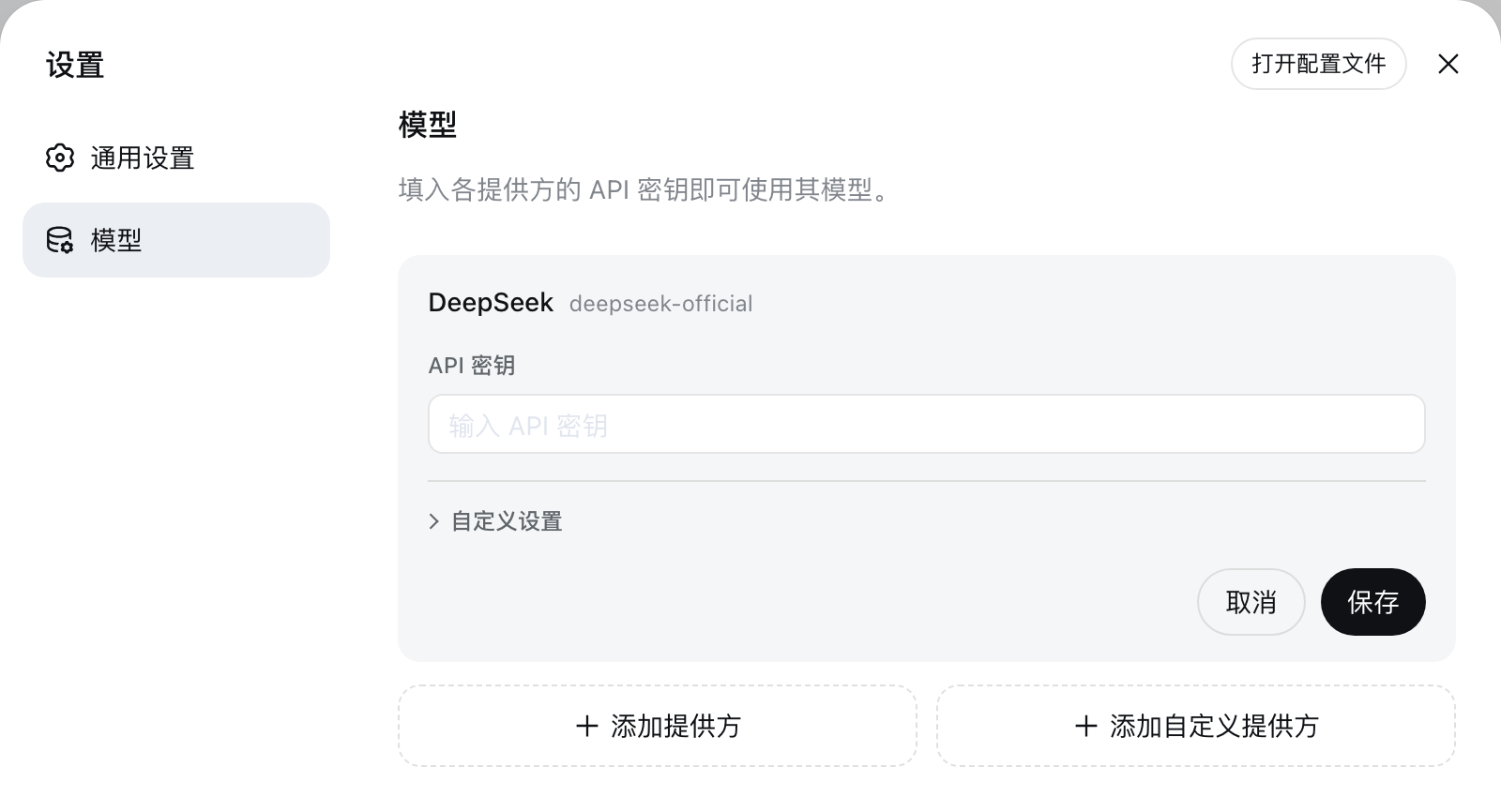 模型页：DeepSeek 卡片，以及添加提供方与添加自定义提供方两个入口